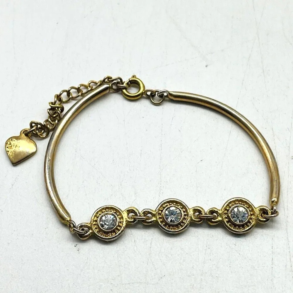 Gold Tone Bracelet With Clear Rhinestones and Heart Charm Vintage